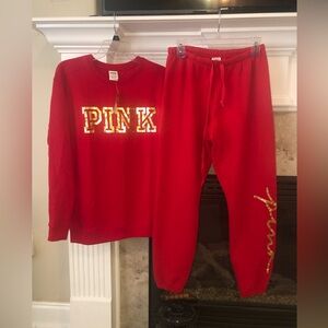 Victoria’s Secret PINK red & gold Holiday Sweater & Pant NWT